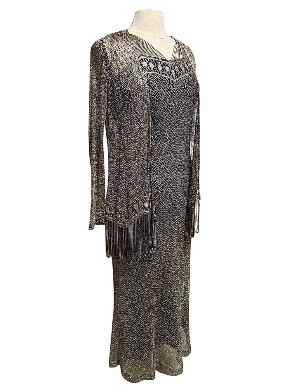 Onyx Nite 90s Vintage Gold/Silver Flecked Lined Midi Dress with Cardigan Size 8